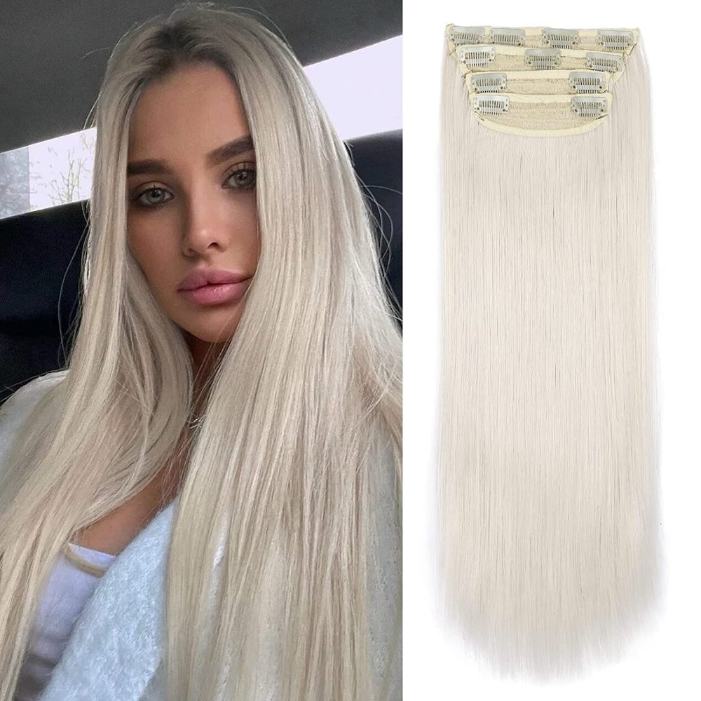 20" Straight Clip In Hair Extensions 4pcs Full Head #60 Platinum Blonde